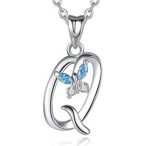 Letter Q Silver Butterfly Initial Elegant Necklace 18"